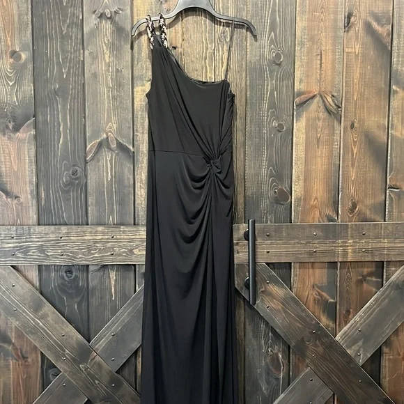 David Meister Dress 14 Black Beaded Straps One Shoulder Sheath Gown Slit  Formal
